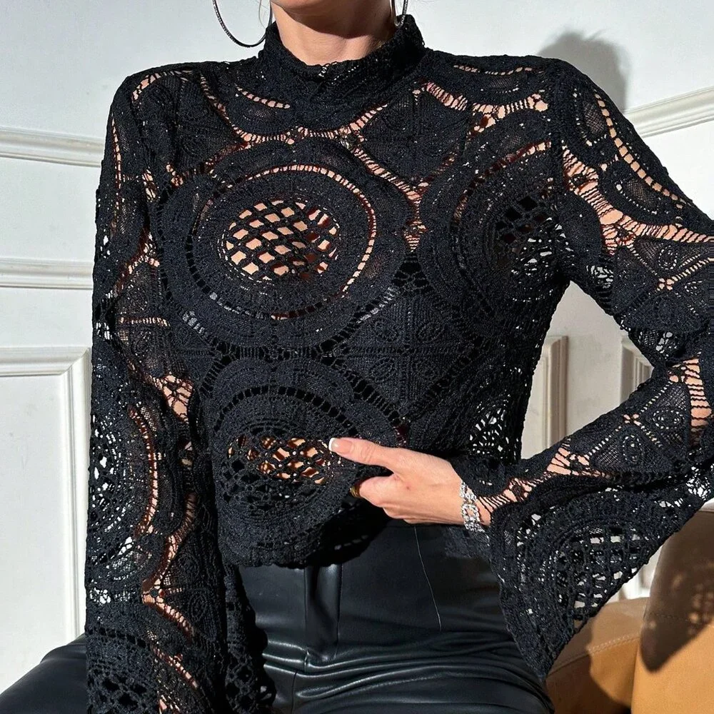Black Casual Women's Sexy Cut Out Lace See-Through Flare Sleeve Blouse